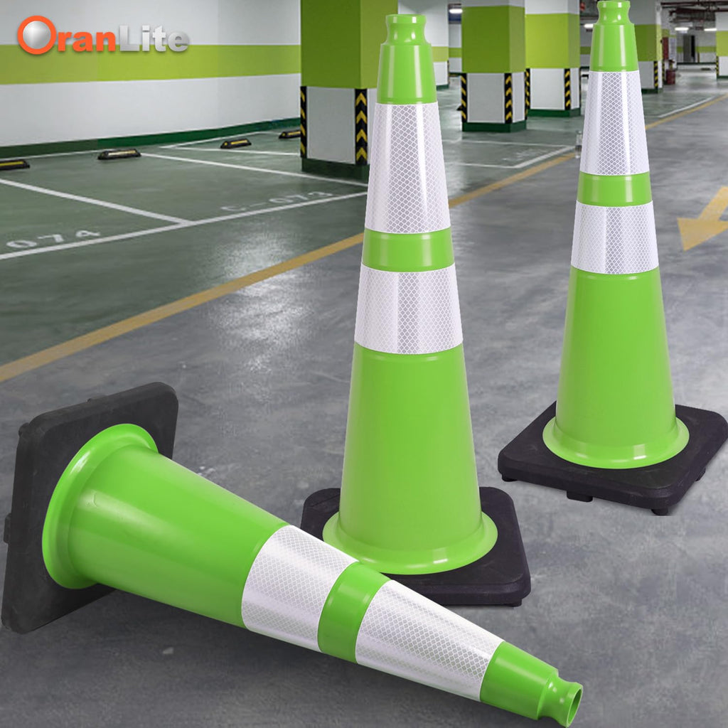 6 Pack 28" Inch Large PVC Traffic Cones with Heavy-Duty Black Base, High-Visibility All-Weather Safety Cones for Road Construction, Parking Lot, Garage Use (6, Green, 28" Large)