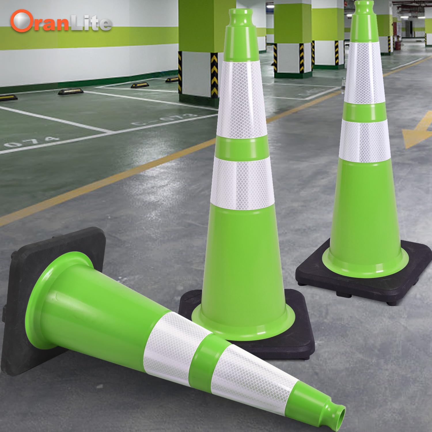 6 Pack 28" Inch Large PVC Traffic Cones with Heavy-Duty Black Base, High-Visibility All-Weather Safety Cones for Road Construction, Parking Lot, Garage Use (6, Green, 28" Large)