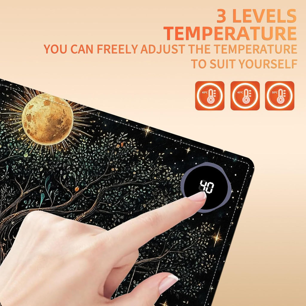 Heated Mouse Pad 23.6 x 14 in 3-Temp Fast Heating Desk Mat with Auto Timer Warmer for Hands Wrist Pain Relief Waterproof Keyboard Mat for Office, Gaming, Home, Moonlit Tree Art