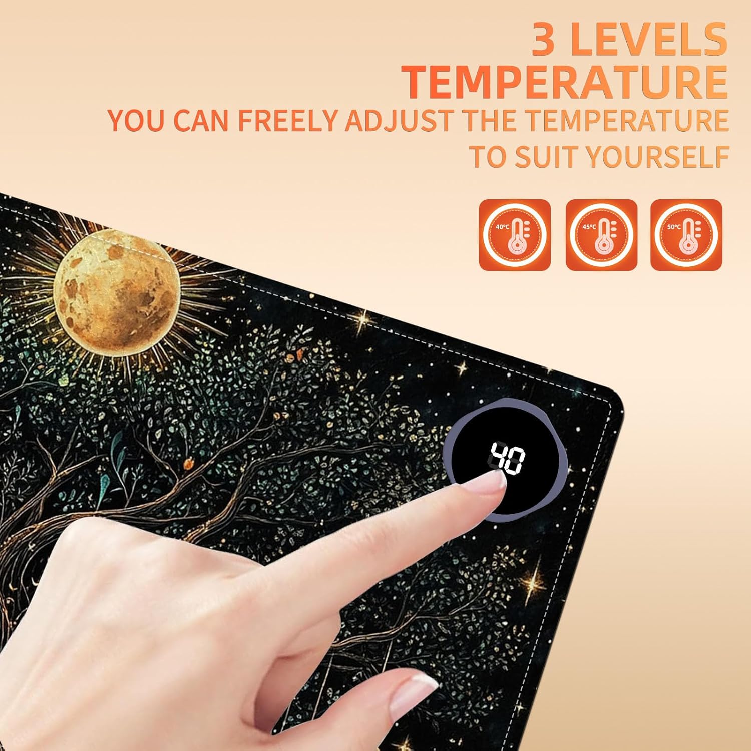 Heated Mouse Pad 23.6 x 14 in 3-Temp Fast Heating Desk Mat with Auto Timer Warmer for Hands Wrist Pain Relief Waterproof Keyboard Mat for Office, Gaming, Home, Moonlit Tree Art