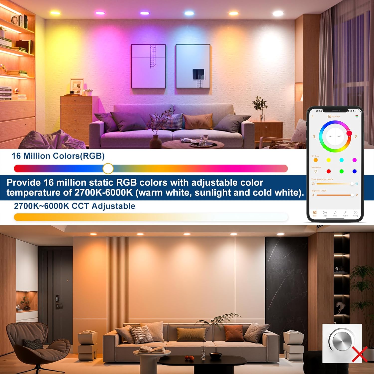 Smart Recessed Lighting 4 Inch RGBCW Color Changing 12W LED Downlight with Junction Box,1080 Lumen Recessed Ceiling Light Compatible with Alexa,Dimmable by Bluetooth Control -6Pack