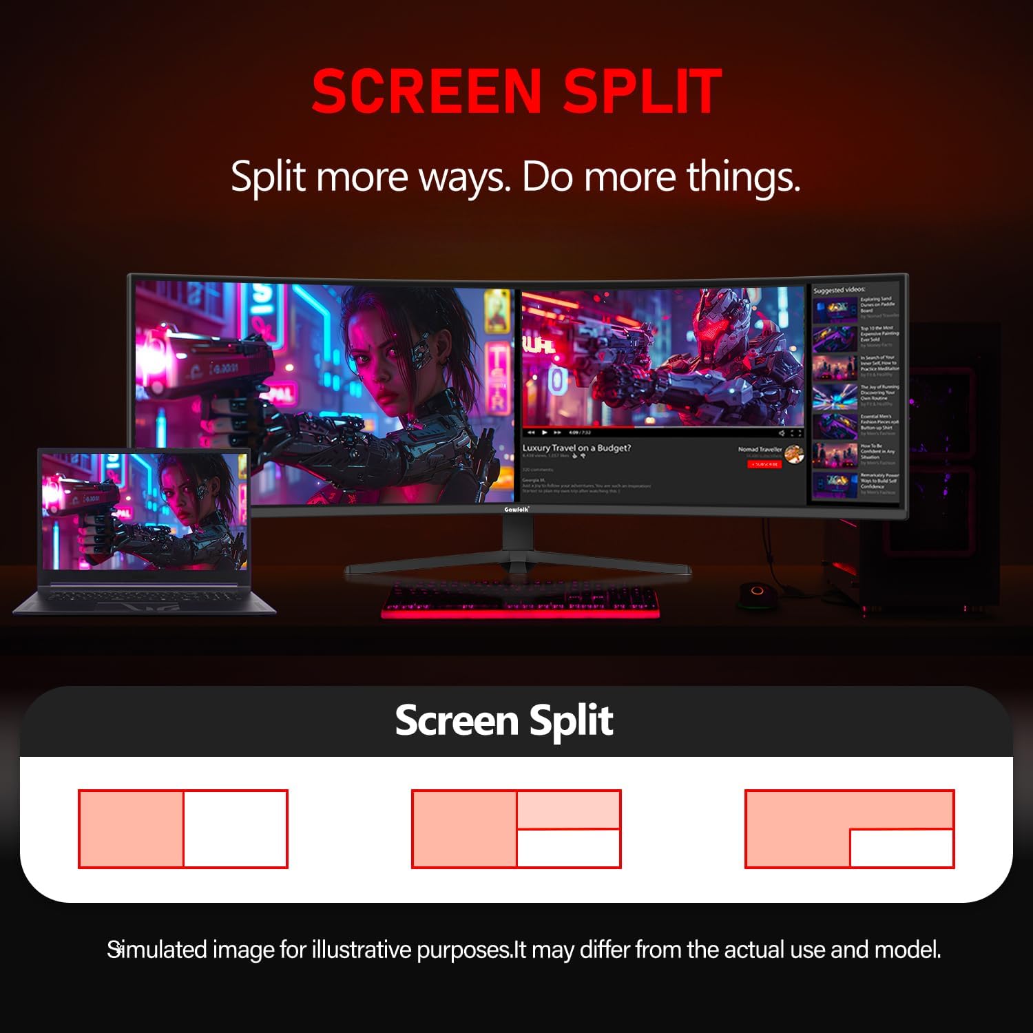 Gawfolk 49 Inch Ultra-Wide Curved Gaming Monitor, 120Hz Ultrawide PC Screen 5120x1440, FreeSync, Height Adjustable, HDMI 2.1/DP 1.4, Compatible Wall Mount