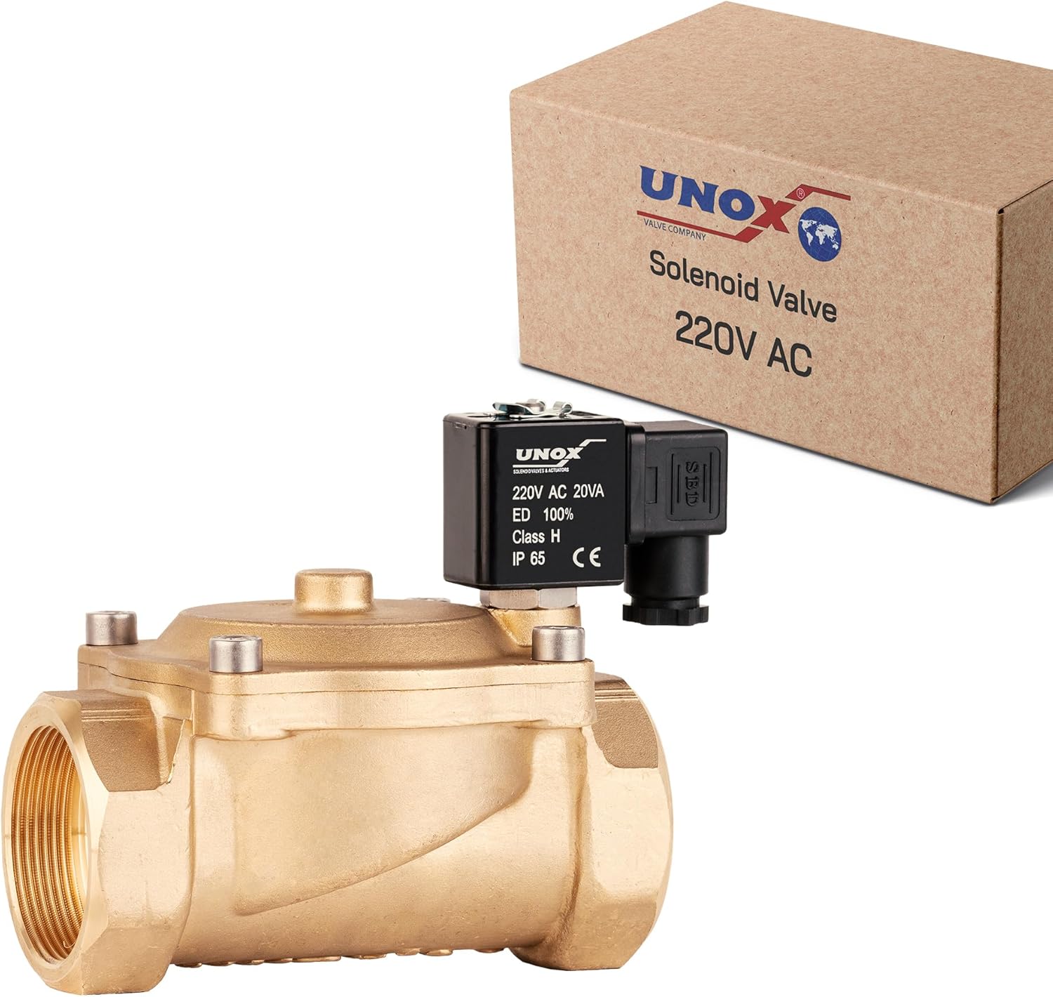 UNOX 2 inch NPT Solenoid Valve 220V AC, Brass Control Valve Normally Closed - 7-232 PSI Multi-Purpose Reliable Control Valve for Water, Air, and Gas - Solenoid Valves