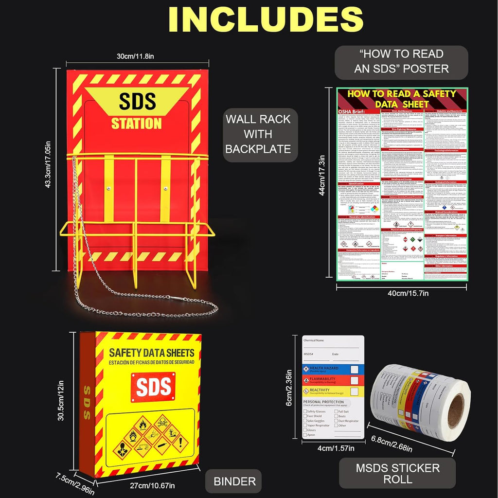 MSDS Yellow Heavy Duty 3 Inch Material Safety Data Sheet 3 Ring Binder with SDS Wire Rack, Display Sign, Chain, Safety Posters, Labels, Wall Mount