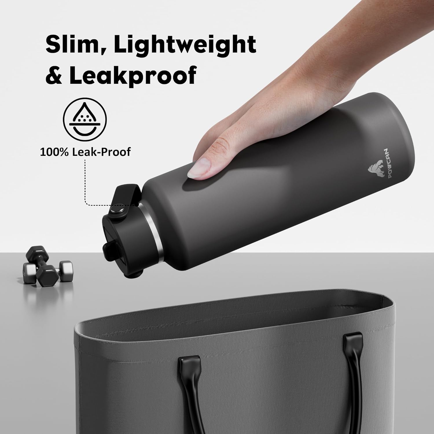 POWCAN 24 oz Slim Insulated Water Bottle: Leakproof, Lightweight, Top Handle, Stainless Steel Water Bottle with Straw for Sport, Gym, Fitness, Office, Home, Commute, Workouts, Boy, Men (Stone Gray)