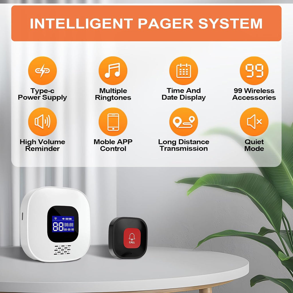 Wireless Caregiver Pager with Smart Call System & Call Buttons for Elderly Monitoring, Life Alert System for Seniors, 2 SOS Panic Button 1 Receiver