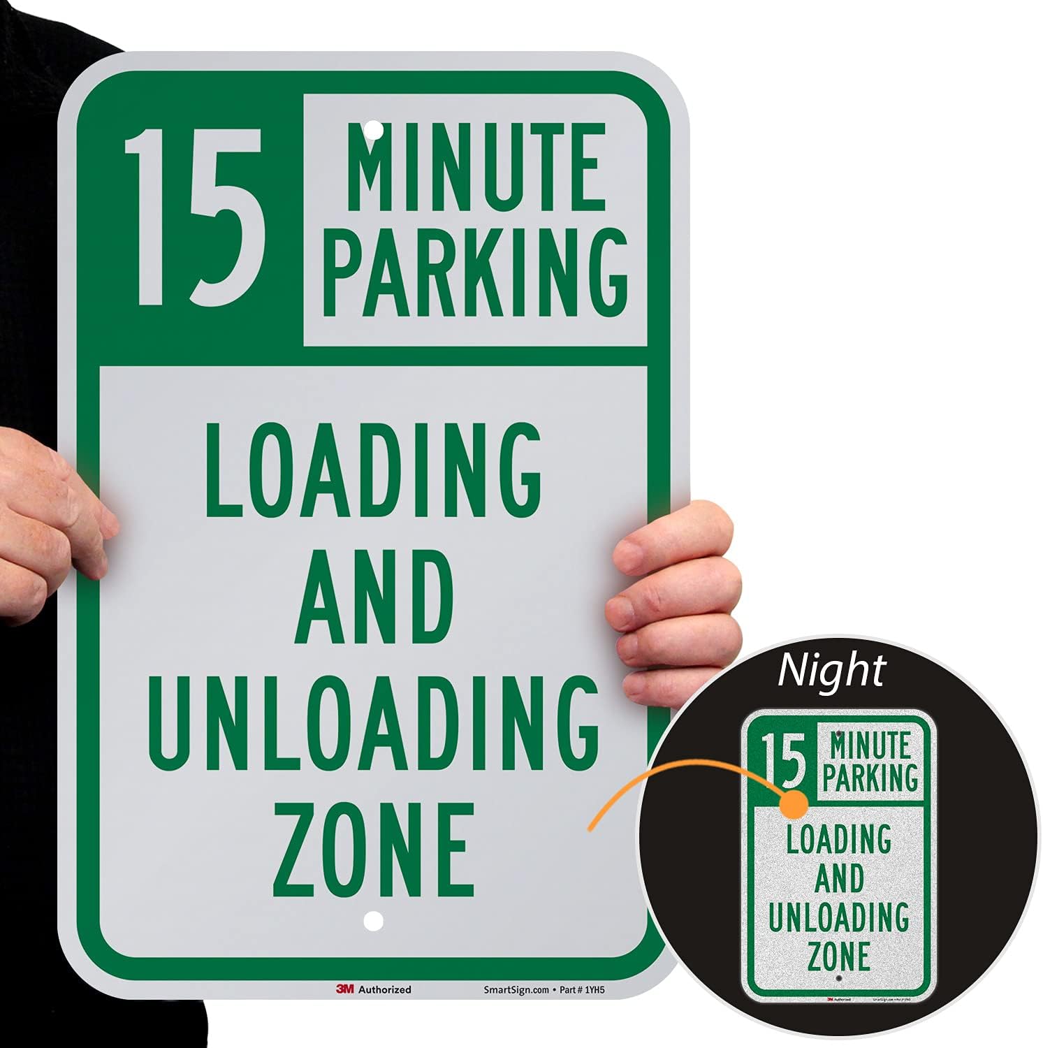 SmartSign 18 x 12 inch “15 Minute Parking - Loading And Unloading Zone” Metal Sign, 63 mil Aluminum, 3M Laminated Engineer Grade Reflective Material, Green and White, Made in USA
