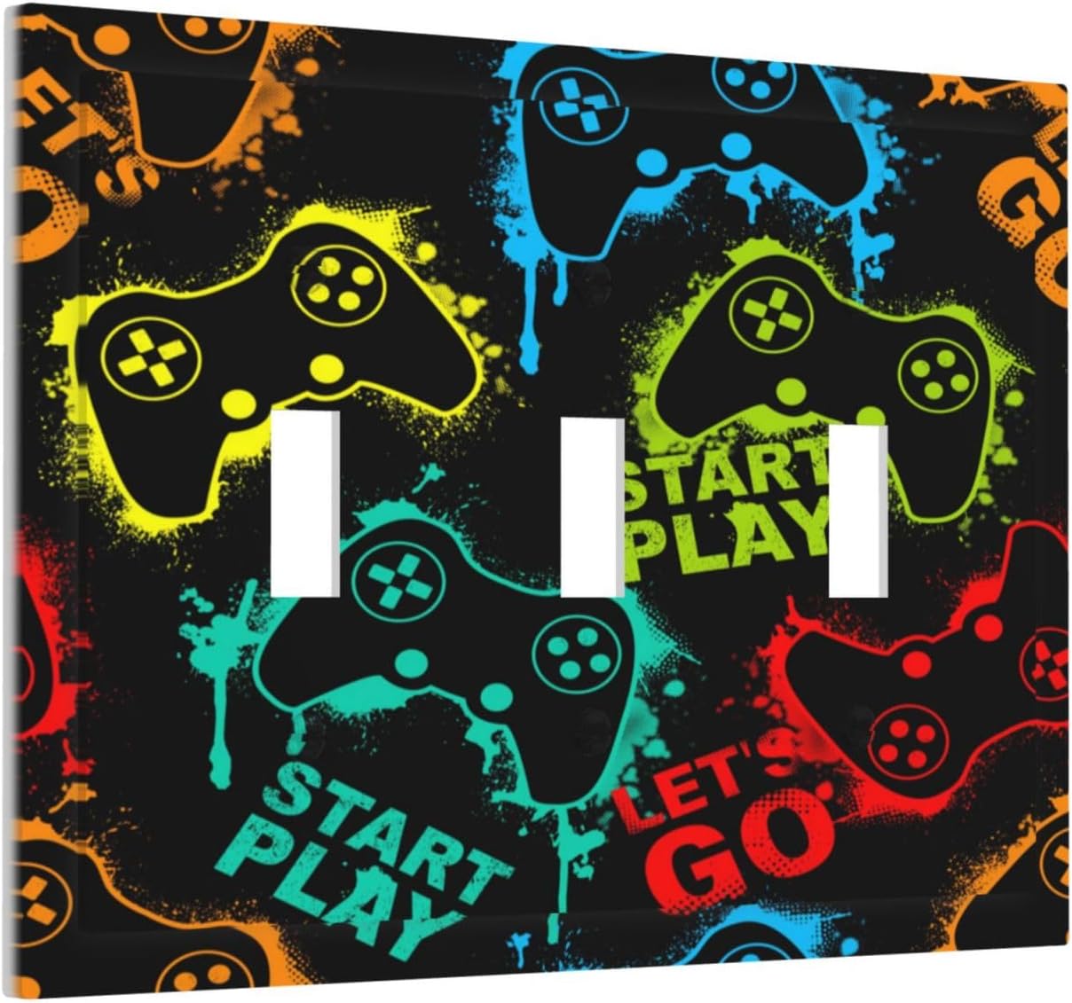 Decorative Light Switch Plate Covers Gamepad Theme Graffiti 3 Gang Light Switch Cover Triple Toggle Wall Plate Outlet Covers for Game Room Bedroom Home Decor