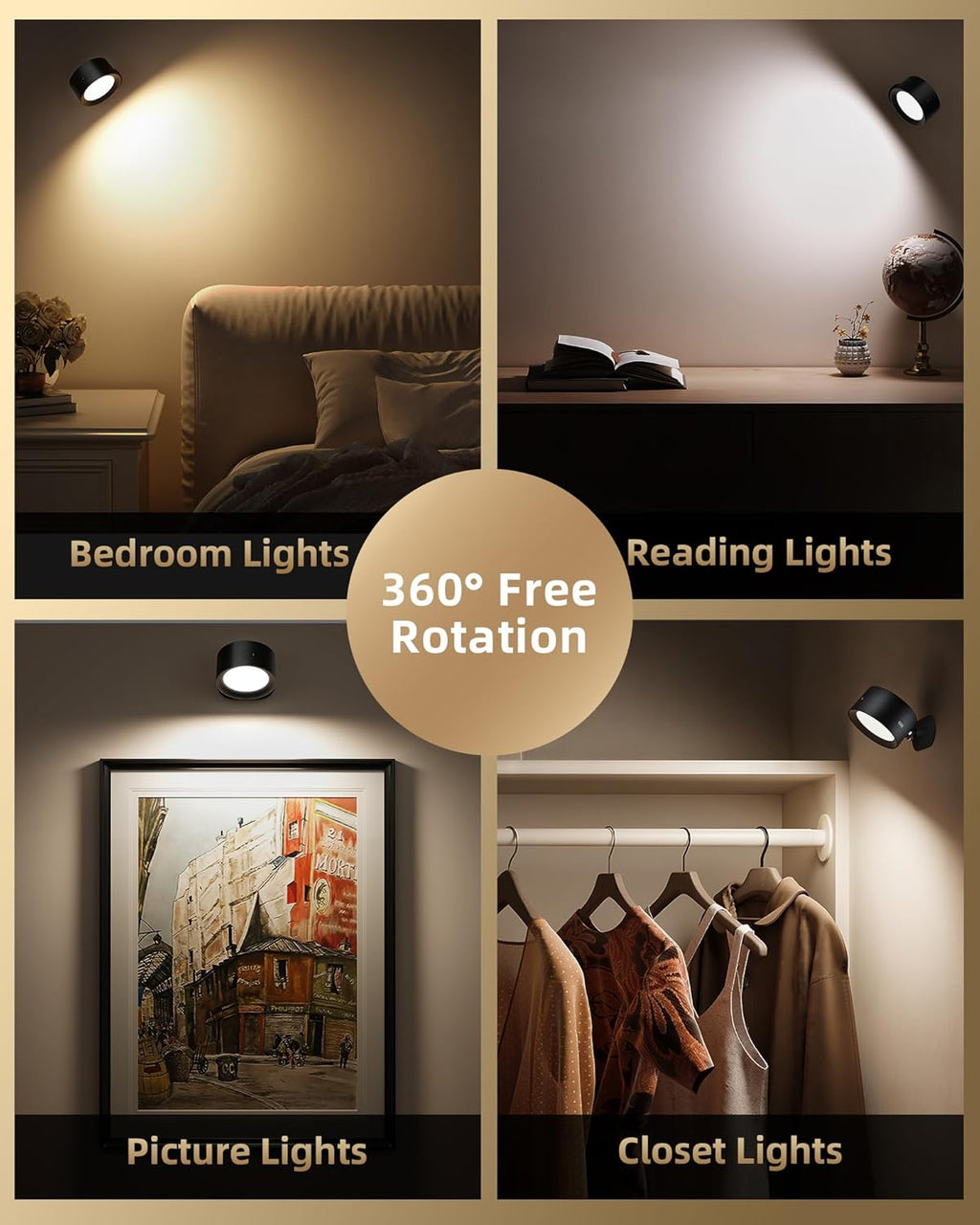 LED Wall Mounted Lights, Rechargeable Wall Sconces with Remote & Touch Control, 3 Color Temperatures 360° Rotation Dimmable Cordless Wall Light for Bedroom Study Reading Bedside (Black, 3 Pack)