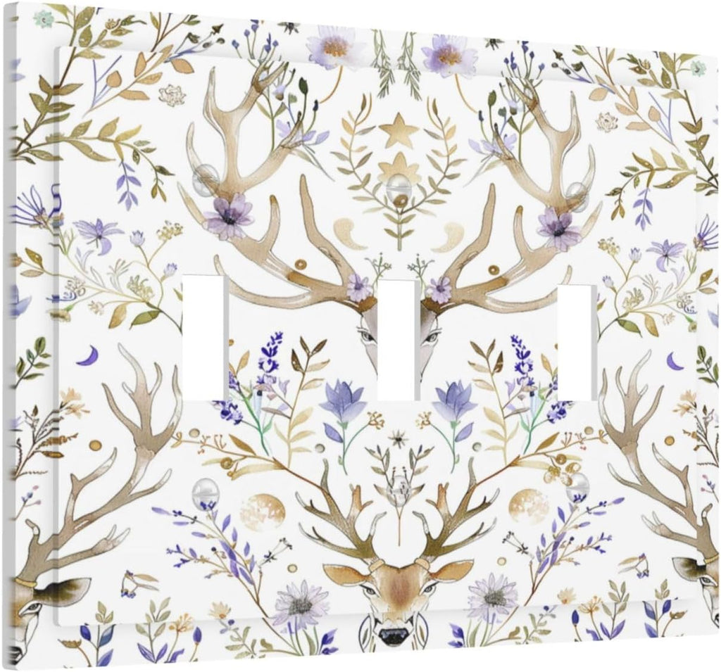 Decorative Switch Plates Gothic Retro Floral Damask Elk Wild Flower 3 Gang Wall Plate Triple Toggle Light Switch Cover Faceplate Electrical Wall Panels For Bed Room Living Room Decor