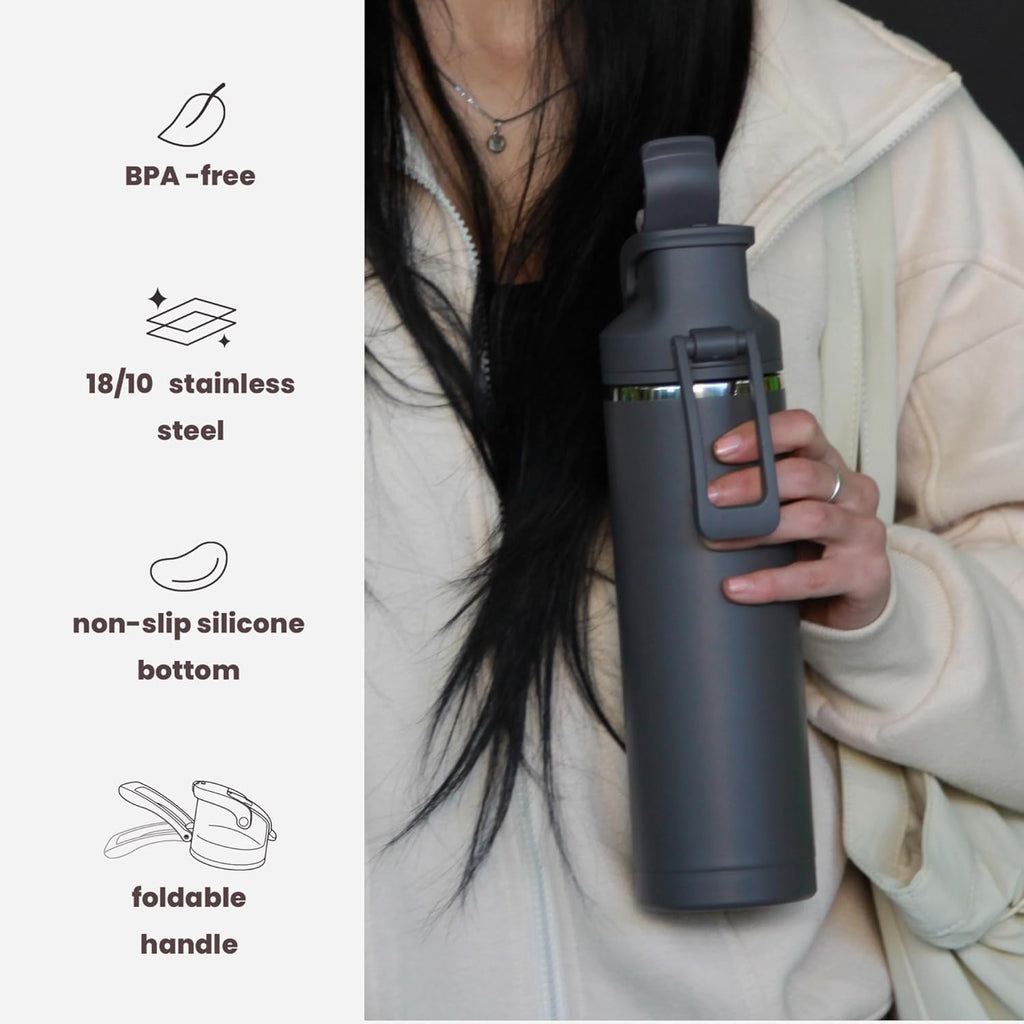 OISIZ Insulated Water Bottle 24 oz with 2 in 1 Spout and Straw Lid,One Click Safety Lock,100% Leakproof,Keep Cold 24H,Vacuum Stainless Steel Water Bottle for School,Travel and Sports,Dishwasher Safe