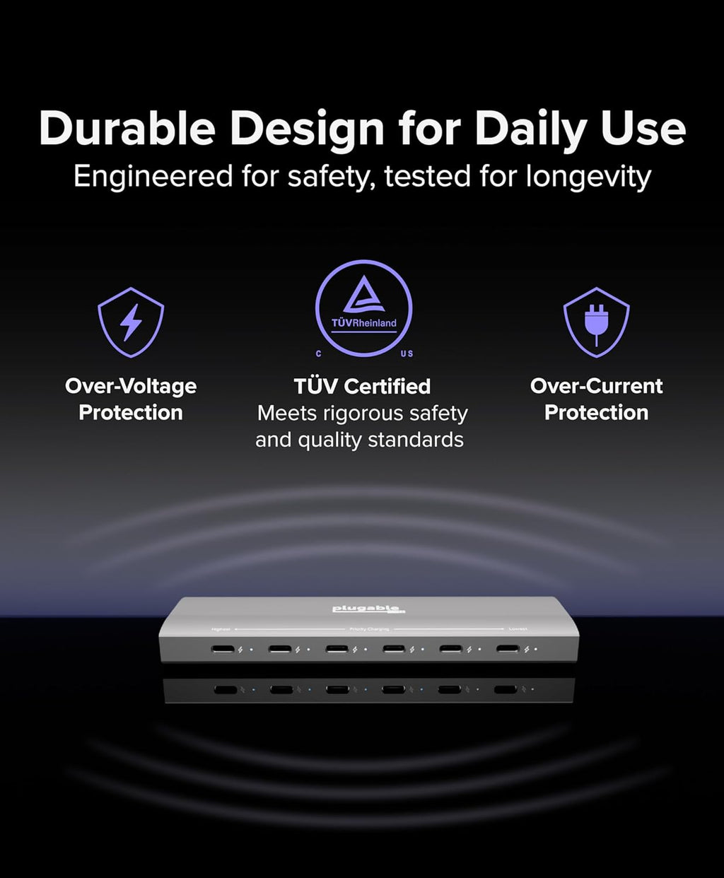 Plugable 6 Port USB C Charging Station, Up to 100W Charger for Multiple Devices with Priority Charging, Desktop Power Hub for USBC Devices Including Laptops Phones Tablets Earbuds and More (PS-6CC)