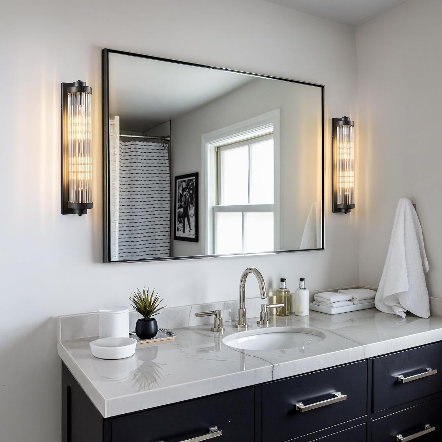 Black Wall Sconces with Crystal Glass Strip Bathroom Sconces 2 Light E12 Base Modern Wall Lights for Bedroom Living Room Hallway Wall Light Fixtures (1 Pack)
