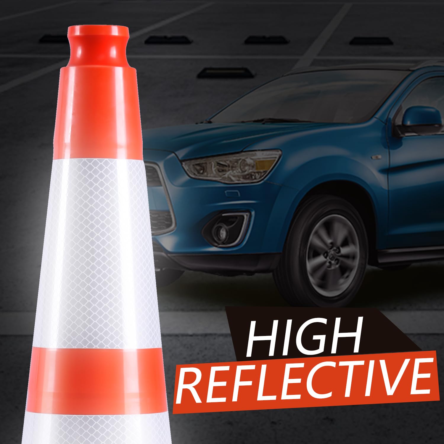28 Inch Traffic Cones (8 Pack),Heavy-Duty PVC Construction Cones with Weighted Black Base for Road Safety,Orange Safety Cones with Reflective Collars for Parking & Driver Training