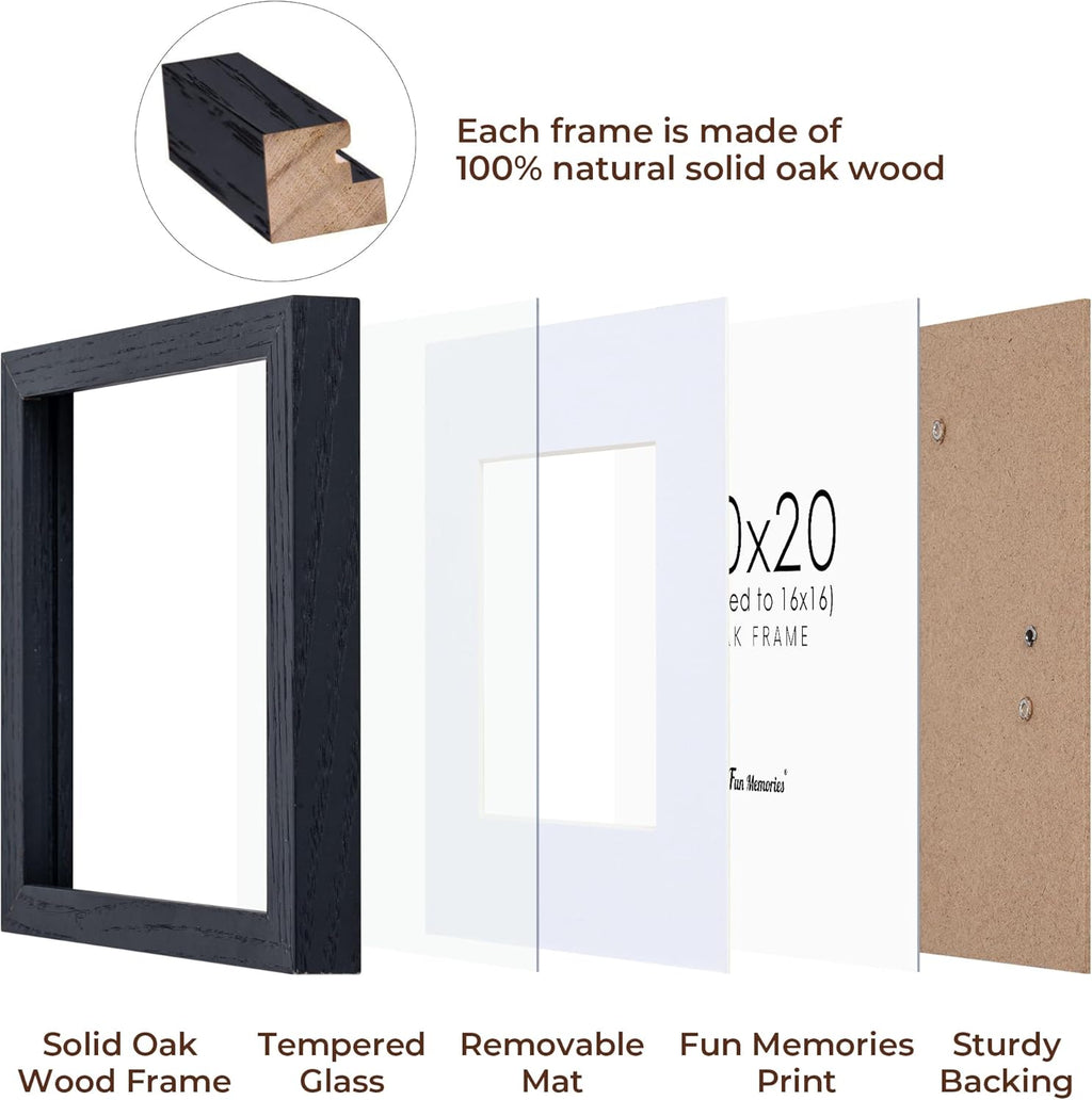 20x20 Black Picture Frame, Solid Oak Wood 20 by 20 Frame, Black Square Picture Frame 20 x 20 with mat for 16 x 16, 20x20 Wood Frame for Home Decor, 20 x 20 Poster Frame, Tempered Glass, 1 Pack