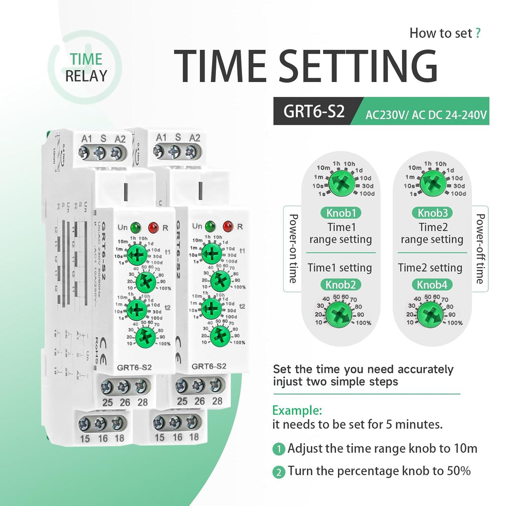 Asymmetric Cycle Timer Relay 2SPDT 10A Long or Short Period Repeat Cycle Tntermittent Timer Electronic Relay in Din Rail Wide Voltage Range AC DC 24V to 240V