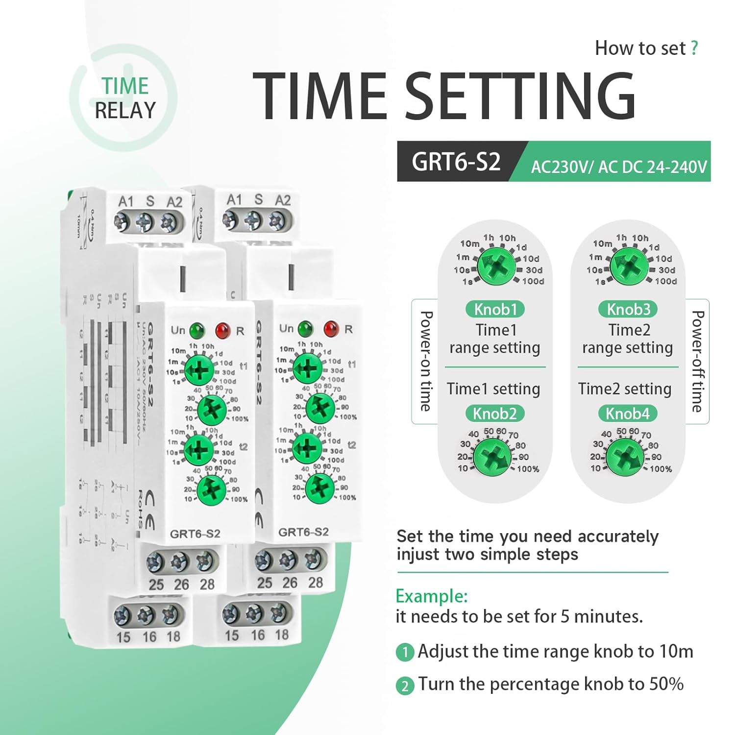 Asymmetric Cycle Timer Relay 2SPDT AC 230V 10A Long or Short Period Repeat Cycle Tntermittent Timer Electronic Relay in Din Rail (GRT6-S2 AC 230V)