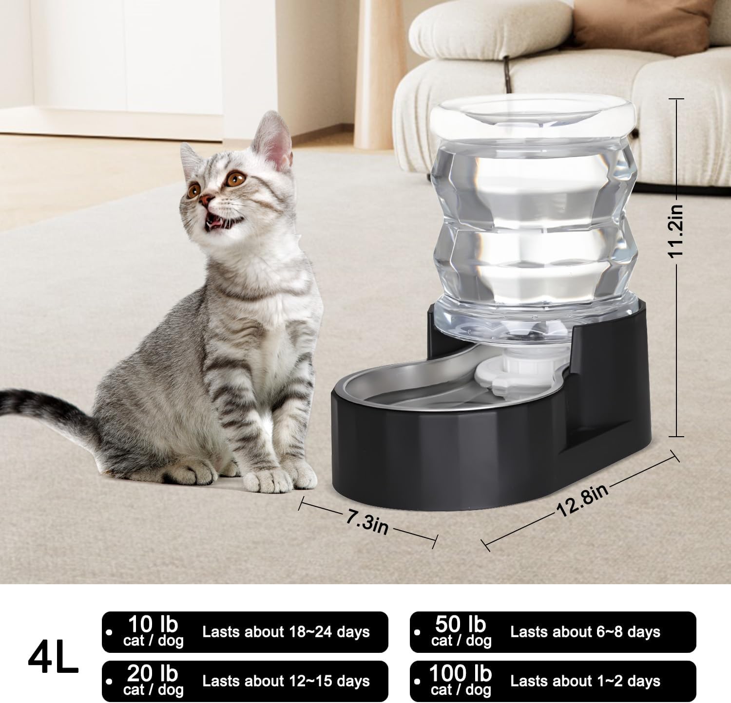 RIZZARI Dog Food Water Dispenser: 4L Large Black Stainless Steel Feeder with Triple Filter -Healthy Hydration for Pets in The Living Room - Garden and Study Room