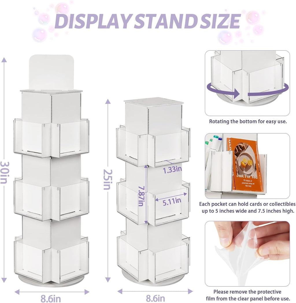 Natheeph Rotating Display Stand Greeting Card Display Wooden Display Rack with Two Card Sticker for Greeting Card Vendor Coffee Bag 3 Tier Tabletop Display Stand (White)