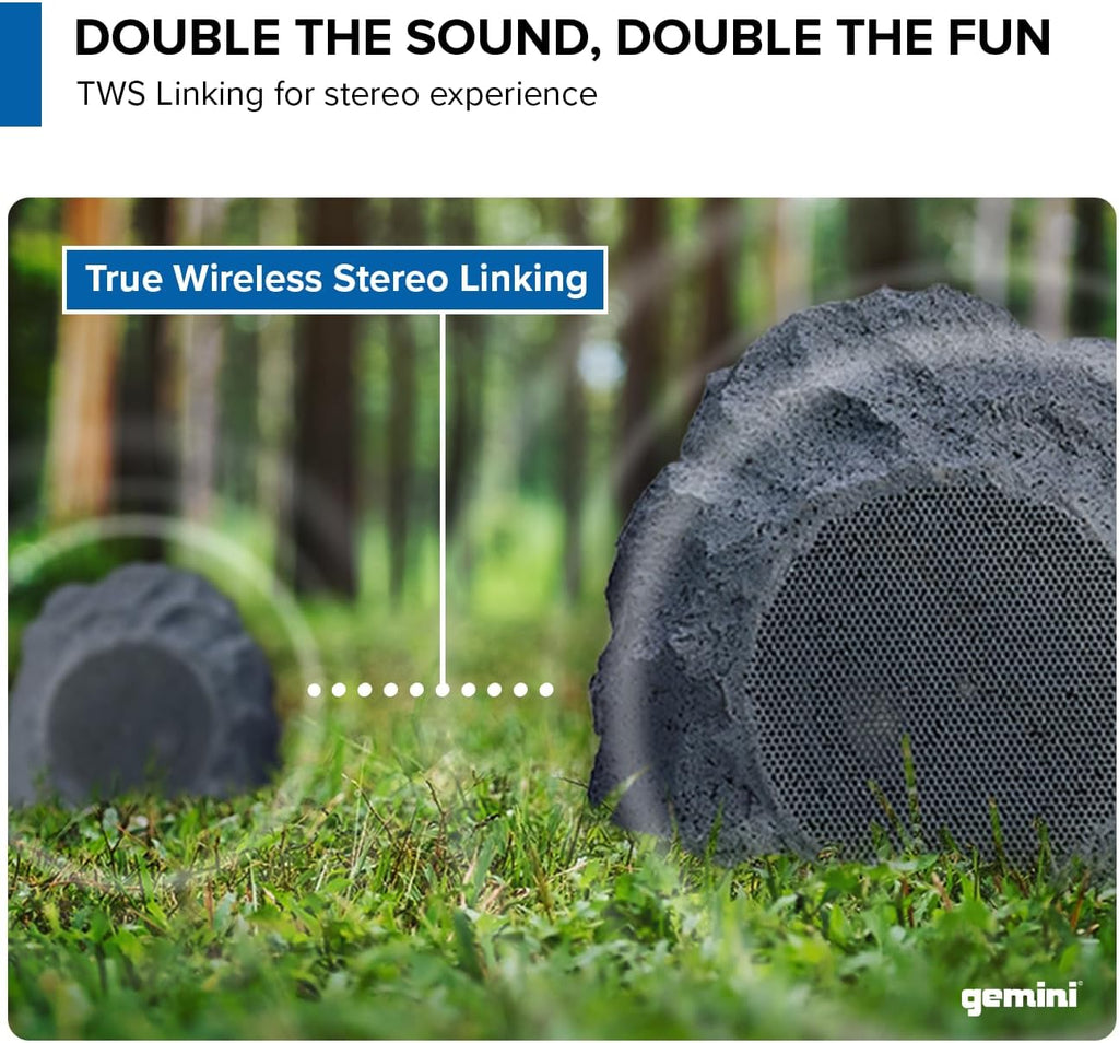 Gemini Sound Rechargeable Bluetooth Wireless Rock Speakers (Pair), IPX5 Weatherproof, TWS Stereo Linking, 10-Hr Battery, 4” Driver for Patio & Garden Outdoor Audio (GHRK-400-PR)