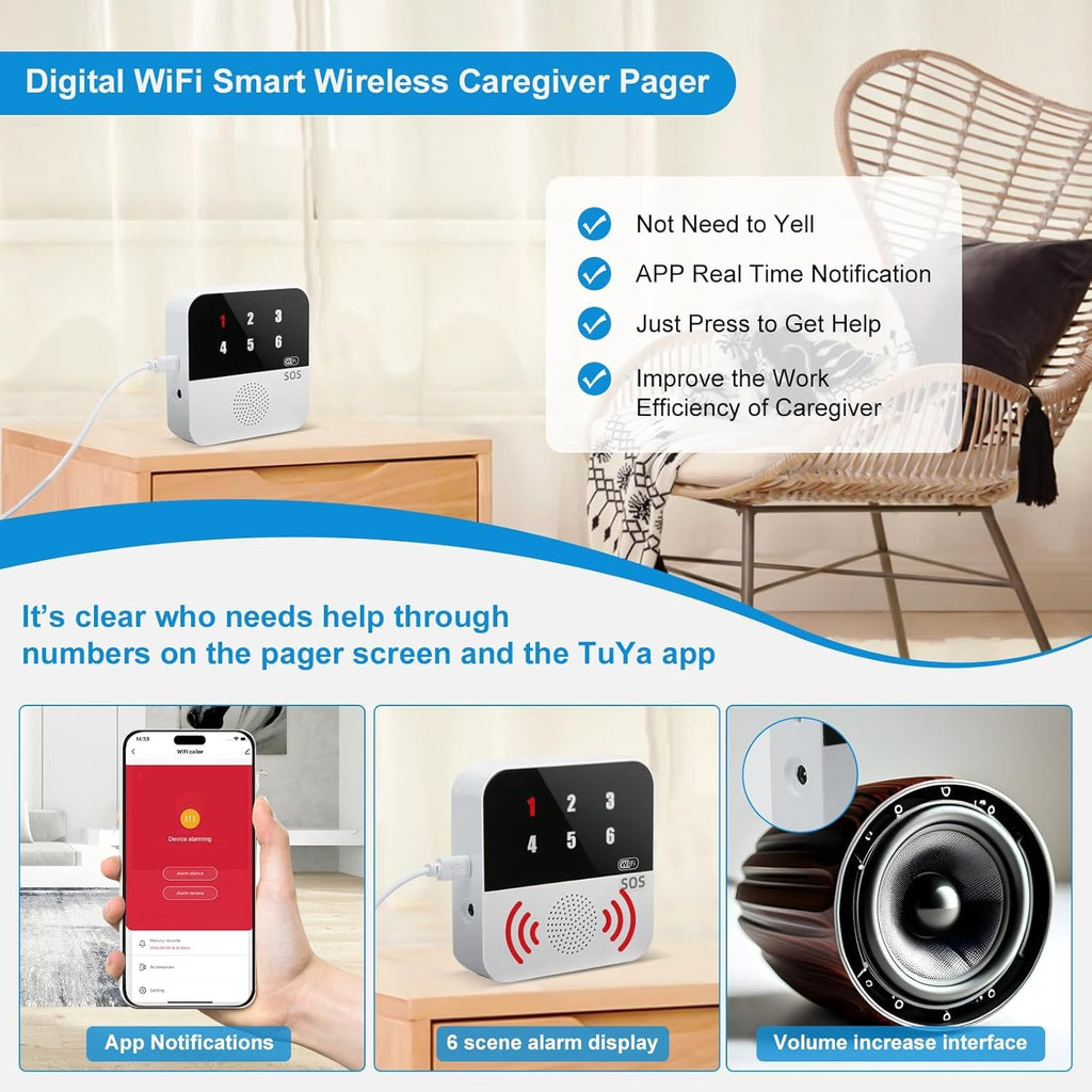 Life Alert Systems for Seniors No Monthly Fee, App-Controlled Caregiver Pager, LED Number Display 1Waterproof Wrist Remote Control 2Call Button 1Receiver(Only Supports 2.4GHz Wi-Fi)