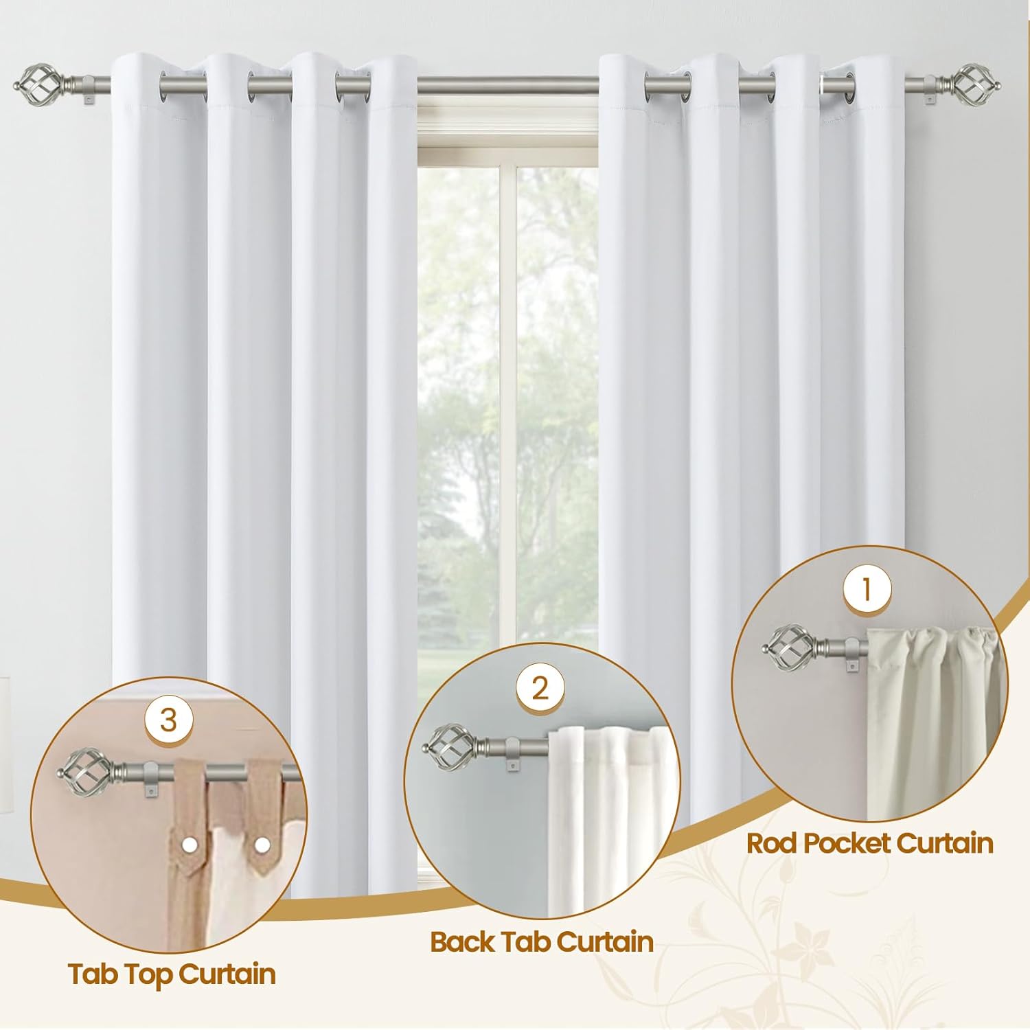 KAMANINA Silver Curtain Rods for Windows 48 to 84 Inch, Adjustable Single Curtain Rod 32 to 86 Inch(2.6-7.1ft), 3/4 Inch Splicing Drapery Rods with Twisted Cage Finial