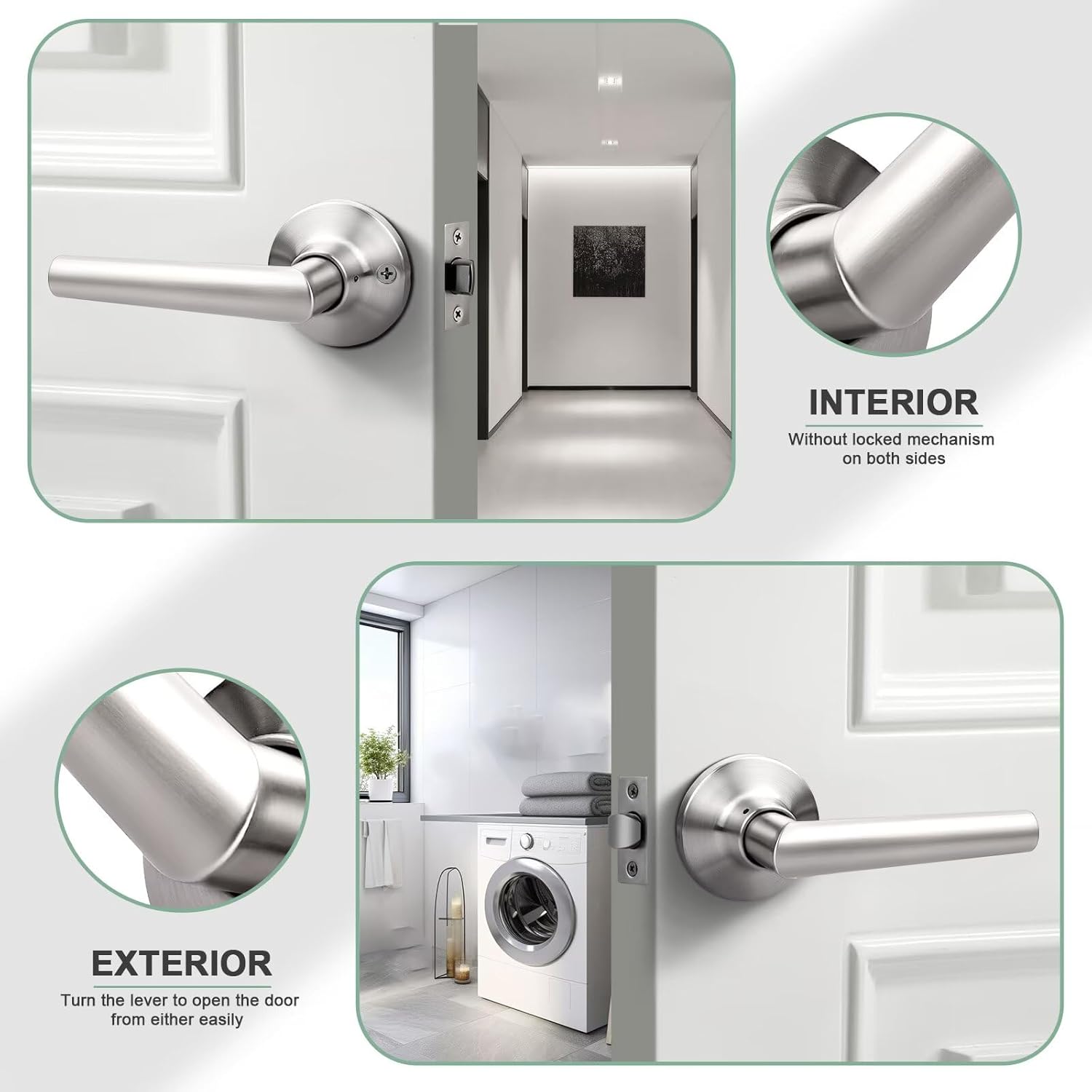 GOBEKOR 4 Pack Brushed Nickel Door Handles Interior,Heavy Duty Passage Door Handles Interior Door Levers for Hallway and Closet, Modern Sleek Round Door Locks Satain Nickel