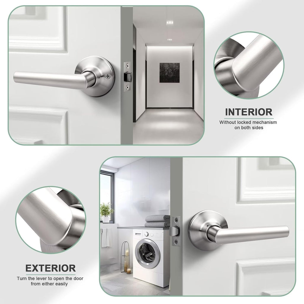 GOBEKOR 8 Pack Brushed Nickel Door Handles Interior,Heavy Duty Passage Door Handles Interior Door Levers for Hallway and Closet, Modern Sleek Round Door Locks Satain Nickel