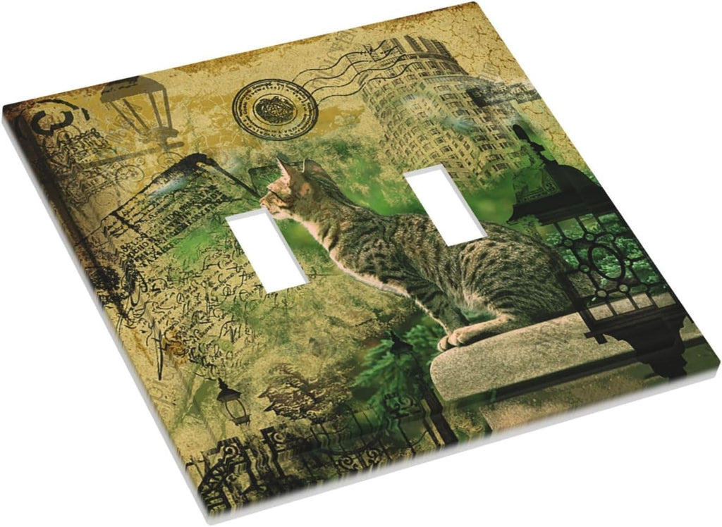 Decorative Switch Plate Covers Vintage Style Cat City Stamp 2 Gang Double Toggle Light Switch Cover Plate Electrical Wall Plate Outlet Cover for Bedroom Home Decor