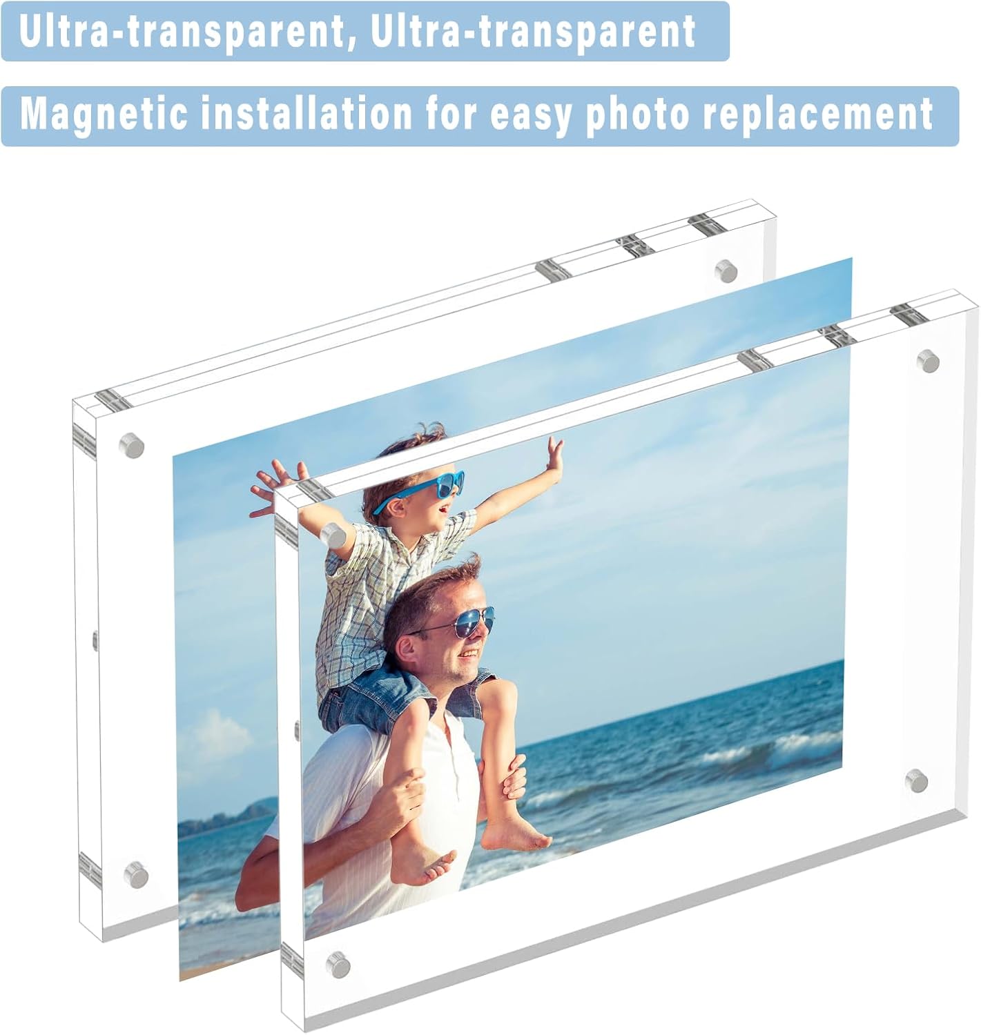 HELPLEX Acrylic Frame, 5 Pack 8x10 Picture Frames, 20mm Thicker Frameless Clear Frame Double Sided Magnetic Frame, Free Standing Desktop Display Stand Acrylic Frames
