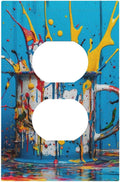 Decorative Outlet Covers Colorful Paint Splatters Blue Wood Plank 1 Gang Duplex Light Switch Cover Plate Wall Plates for Electrical Outlets Switchplate Faceplate