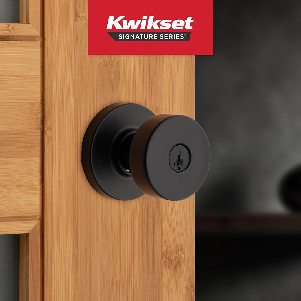 Kwikset Pismo Entry Door Knob with Lock and Key, Secure Keyed Handle Exterior, Front Entrance and Bedroom, Matte Black, 4 Pack, Pick Resistant SmartKey Rekey Security and Microban