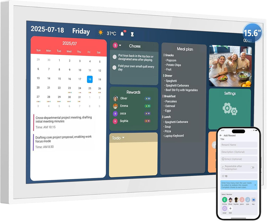 Smart 15.6" Digital Calendar Chore Chart - HD Touchscreen Family Organizer with Schedule, Chore Chart, Meal Planner, Photo Display, Online Calendars Sync, 2026 Wall/Desk Mountable Gift for Home & Office