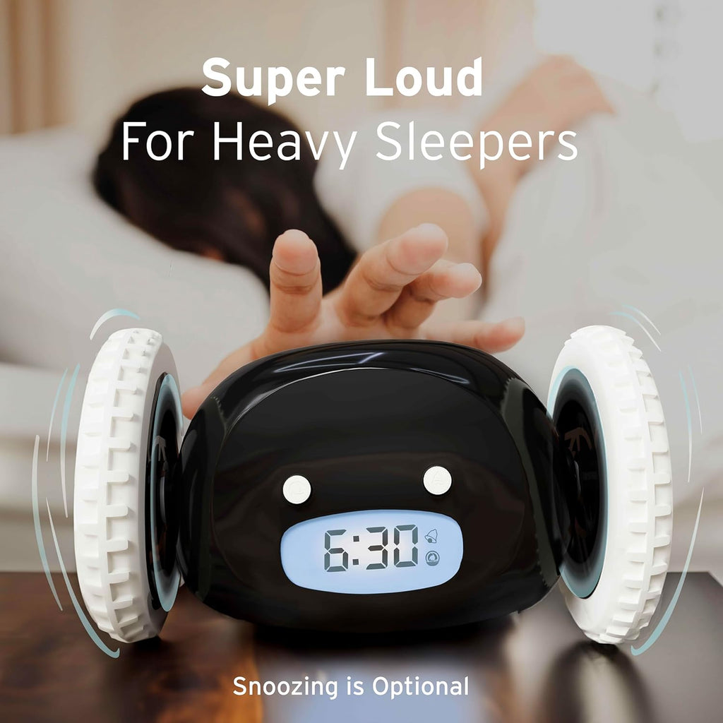 CLOCKY Extra Loud Alarm Clock for Heavy Sleepers on Wheels Rolls Runs Away Vibrating, Easy to Set Super Smart Snooze Digital Bed Shaker Alarm Clock Funny Gift for Adults Kids Teens Bedrooms (Black)