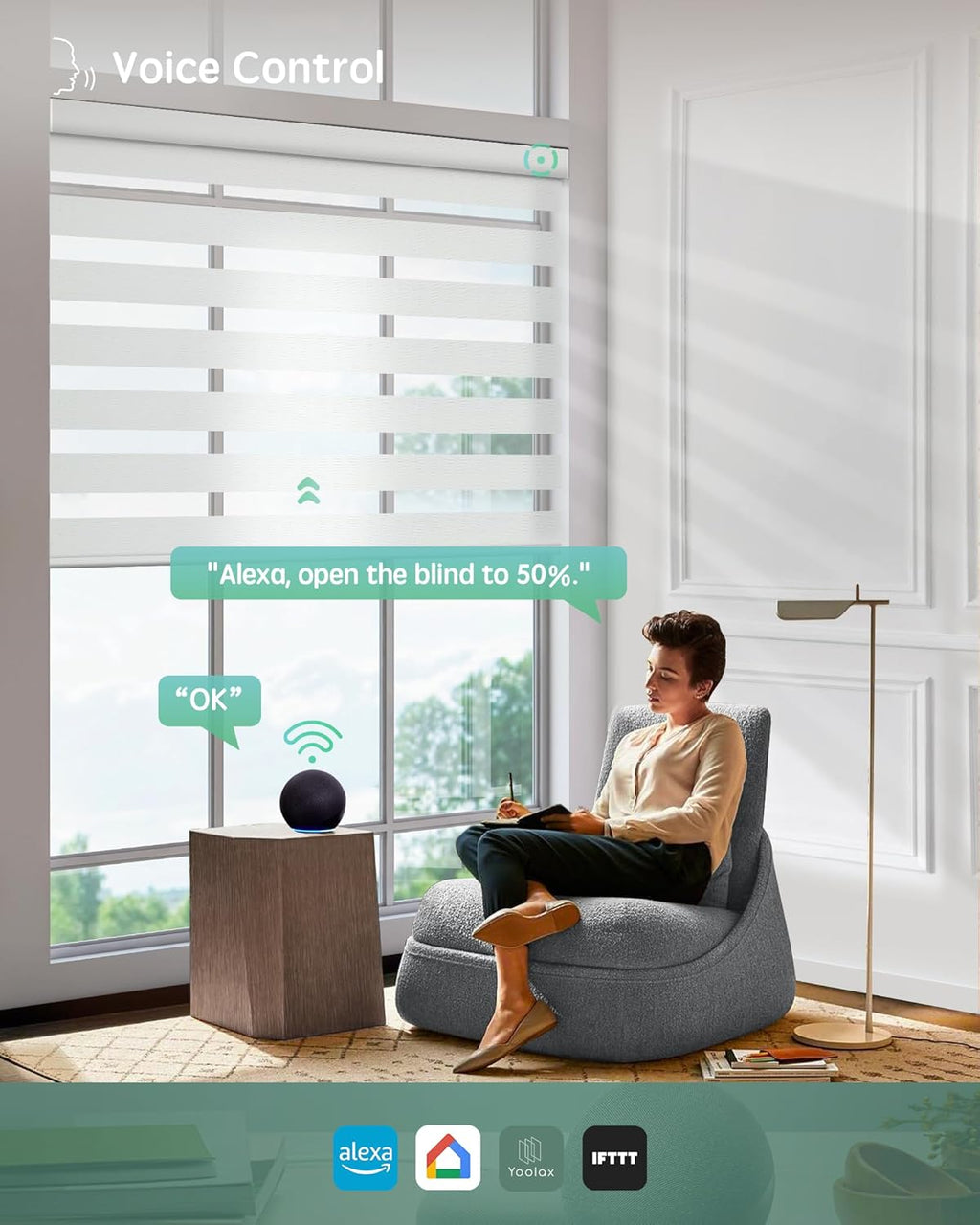 Yoolax Motorized Zebra Blinds Compatible with Alexa,Motorized Blinds with Remote Smart Automatic Custom Electric Window Blinds Cordless Indoor Blackout for Home Bedroom Kitchen (Striped Ivory)