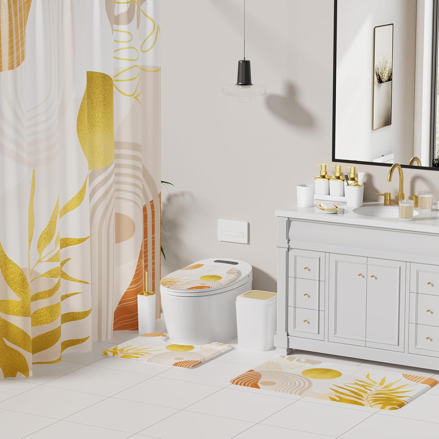 Bathroom Set - Bathroom Sets with Shower Curtain and Rugs, Bathroom Accessory Set, White Bathroom Accessories Set with Trash Can, Toilet Brush and Soap Dispensers