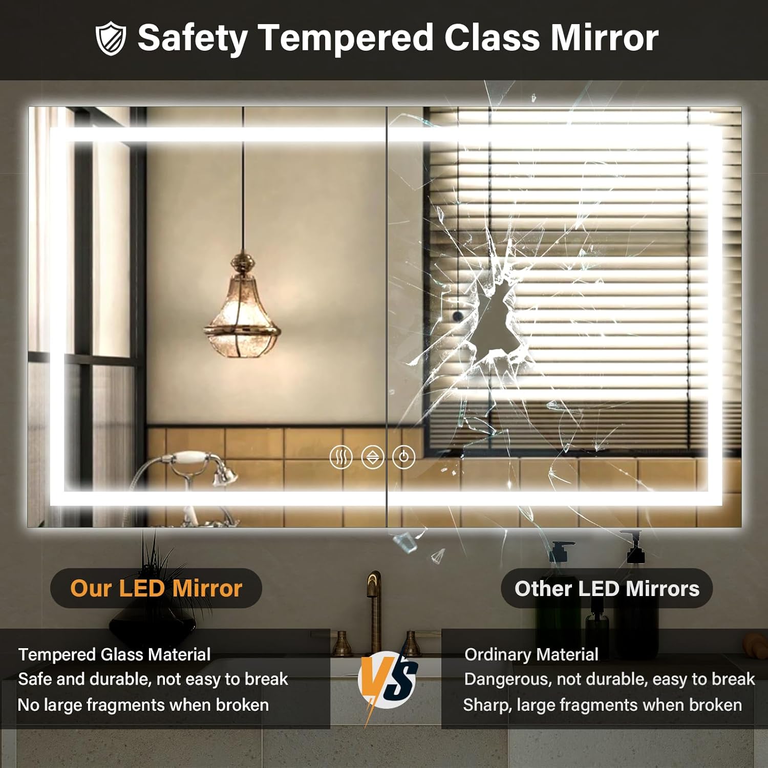 40"x 60"LED Bathroom Mirror, Backlit + Front Lit, LED Bathroom Mirror with Lights for Wall, 3 Colors, Anti-Fog, Dimmable Brightness, Tempered Glass