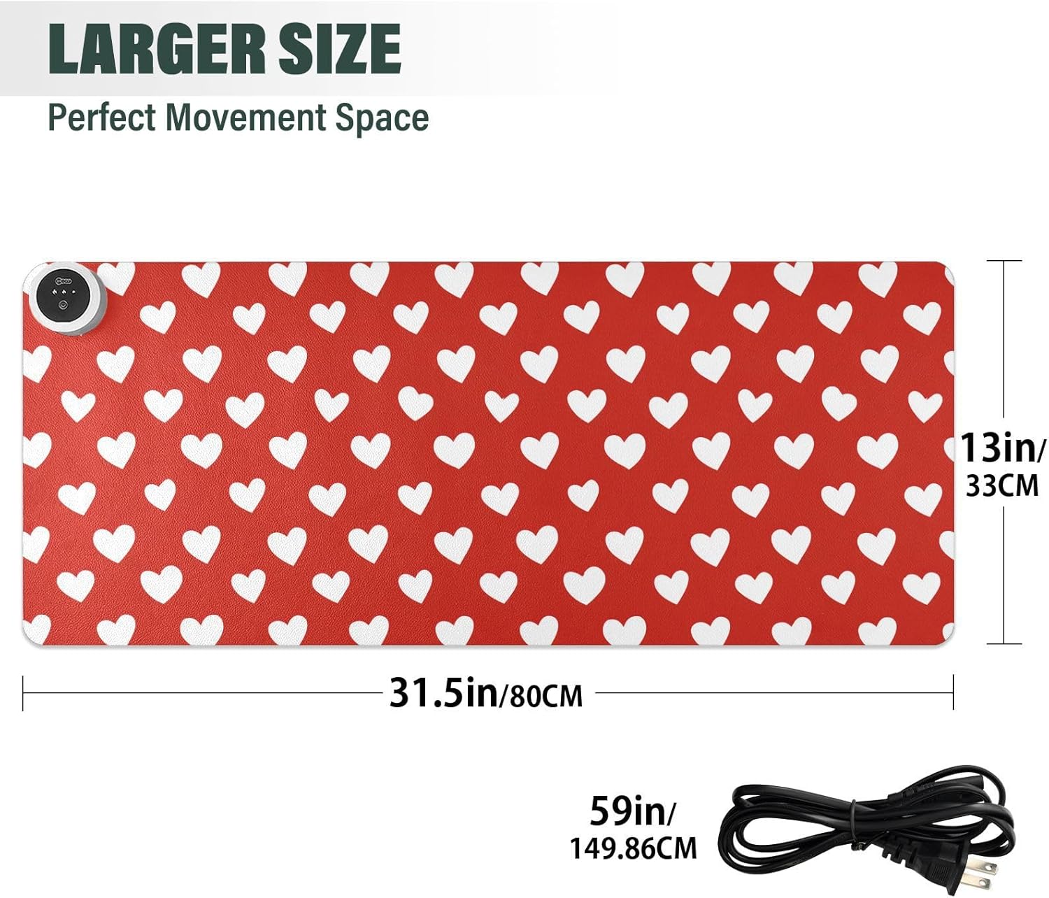 Heated Desk Pad Mouse Pad 31.5x13 Inch PU Leather Desk Mat with 3 Heat Levels Large Mouse Gaming Computer Laptop Mat Red Heart Valentine