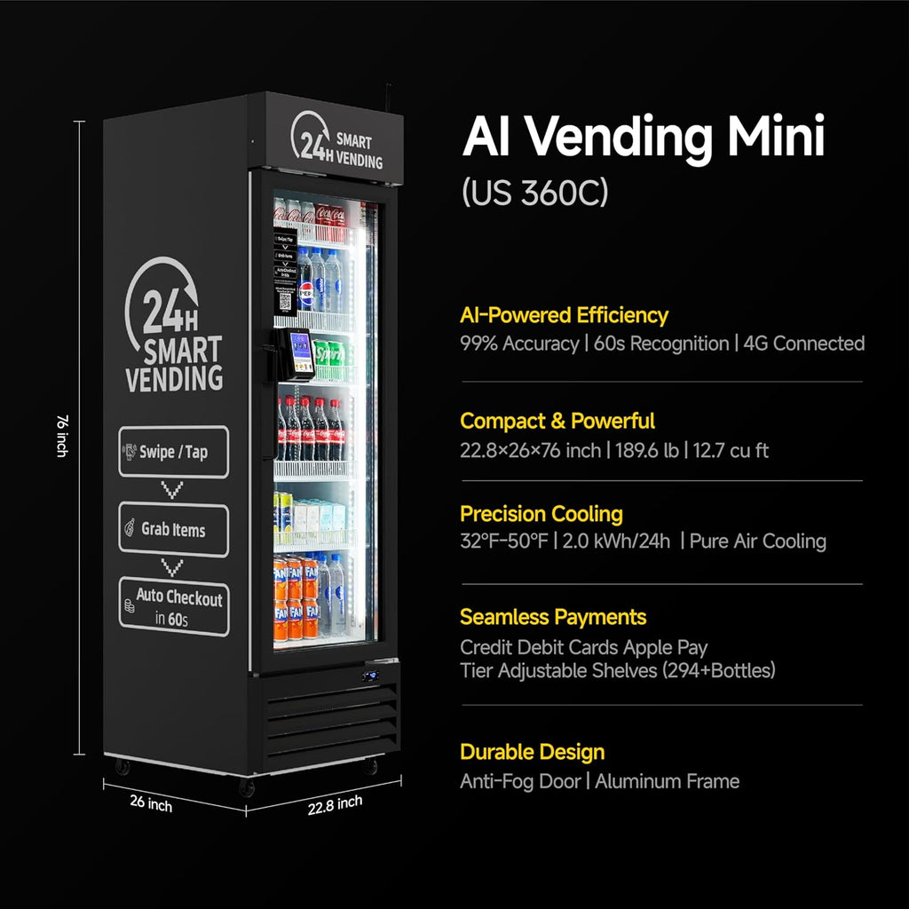 HAHA Smart AI Vending Machine with Card Reader, Combo Snack & Drink Machine, 6-Layer 252 Cans Capacity Refrigerated AI Visual Recognition & App Management US360CT (Black, AI mini)