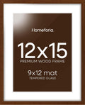 Homeforia 12x15 Picture Frame Brown, High End Dark Oak 12x15 Walnut Wood Poster Frame with Mat 9x12 Print, 12 x 15 Wooden Frame Matted to 9 x 12 Photo, 15x12 Frames, Tempered Glass, Wall Kit, Set of 1
