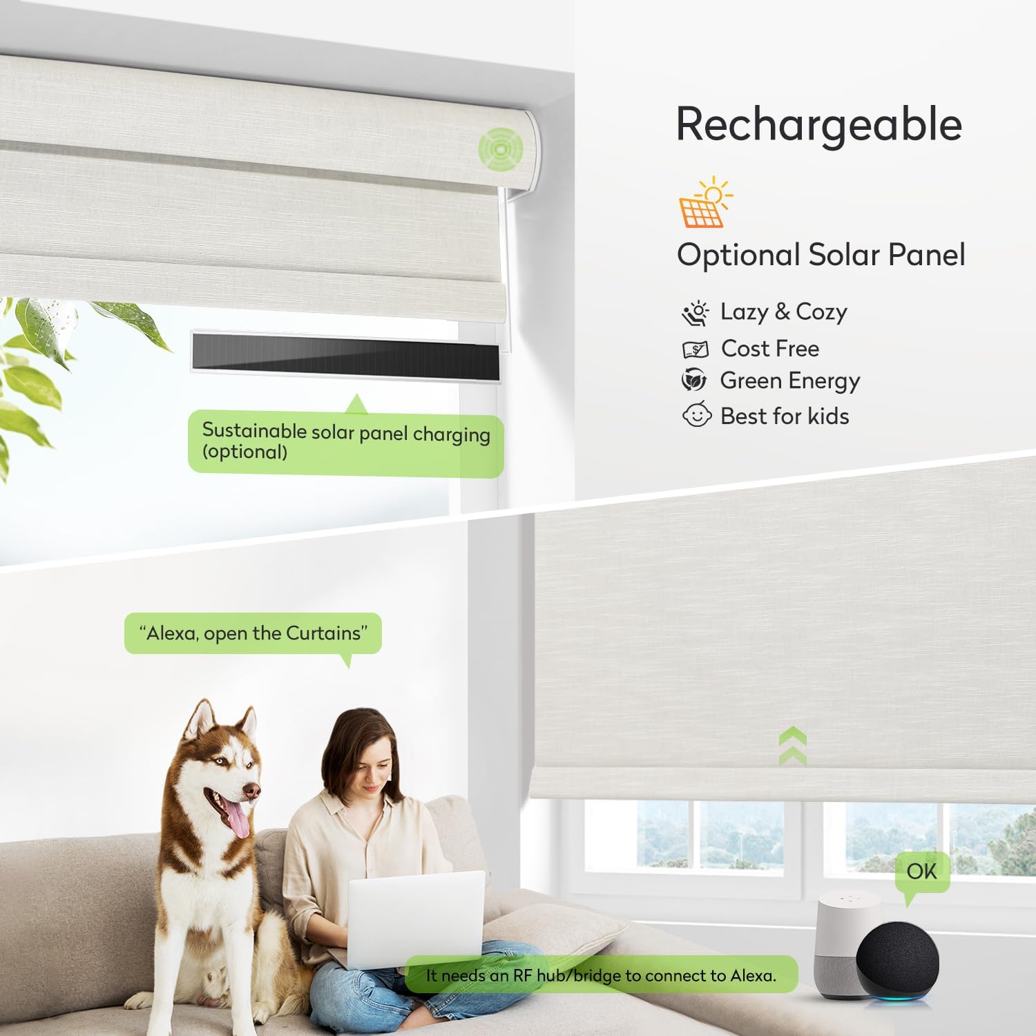 ZSTARR Motorized Blackout Roller Blinds with Remote Control,Rechargeable Smart Window Shades Compatible with Alexa Google via Hub,Fabric Wrapped Valance, Custom Size (Beige)