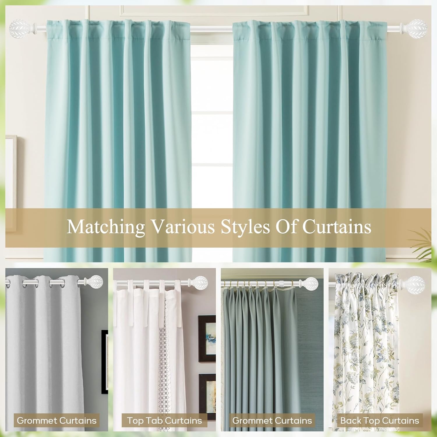 Weathered White Curtain Rod for Windows 48 to 84 Inches(4-7 ft)，1'' Diameter Heavy Duty Adjustable Curtain Rod with Leaf Pattern Finials - for Living Room, Bedroom,etc 36-88''