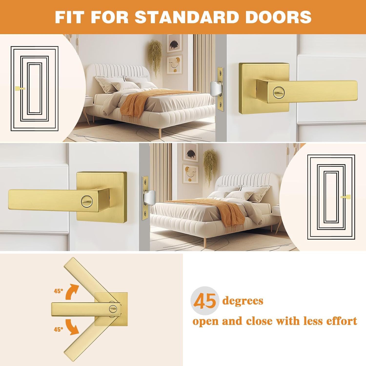 Probrico Heavy Duty Flat Gold Door Handles Square Privacy Interior Door Levers Bedroom and Bathroom Door Handles Keyless Bed/Bath Lockset (8 Pack)