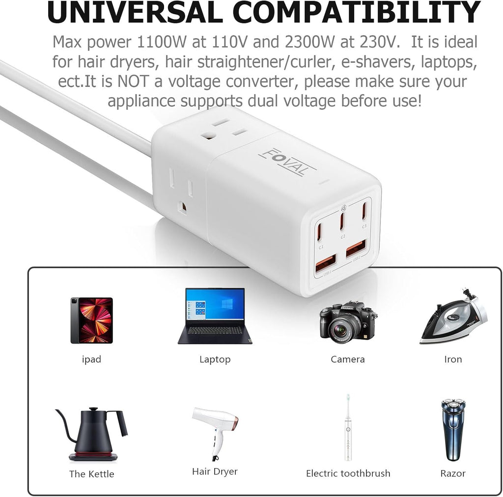 European Travel Plug Adapter, FOVAL US to UK Europe Power Strip 75W USB C Charger with 5 USB Ports, 3 AC Outlets, 5ft Extension Cord, for Spain, France, Ireland, Travel Home Cruise Ship