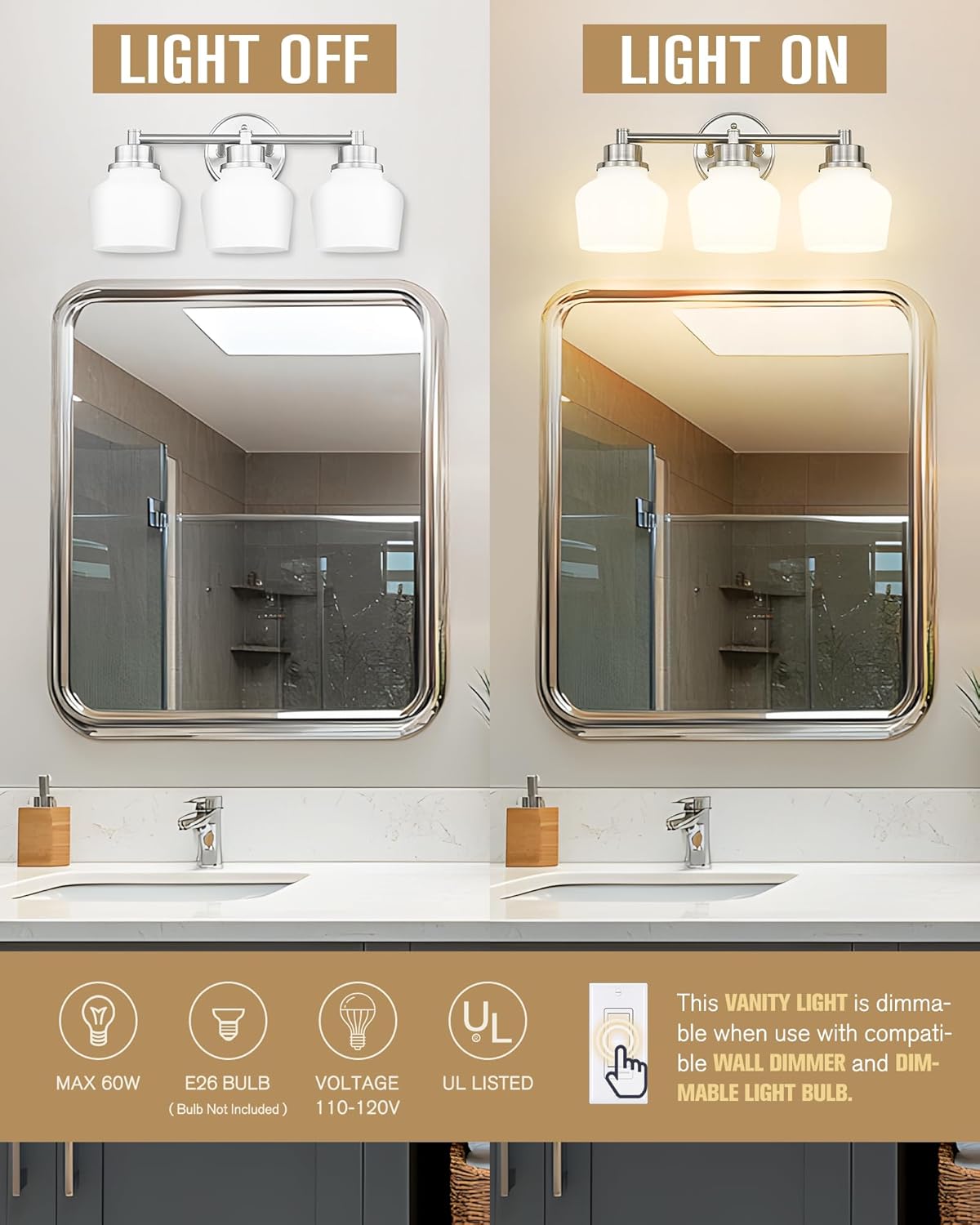 Emak Brushed Nickel Vanity Lights, Modern Milk Glass Bathroom Light Fixtures, 3-Light Bathroom Vanity Light Over Mirror, VL122-BN-ML-3