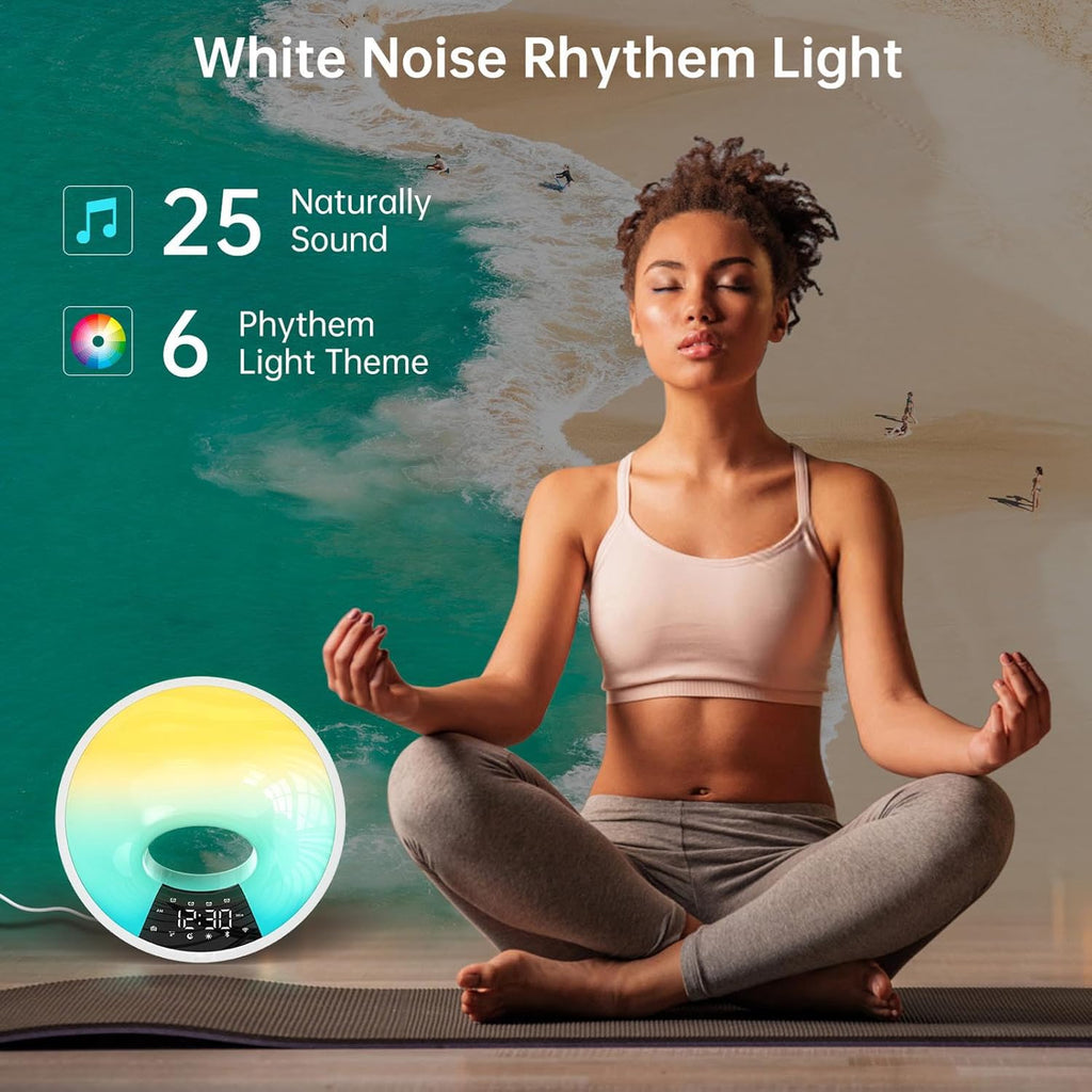 Fafeicy Sunrise Alarm Clock, Wake Up Light with Sunset Simulation 7 Color Changing Night Light Ambient Speaker Phone Charging Dock for Bedroom Dorm Sleep Aid (US Plug 100-240V)