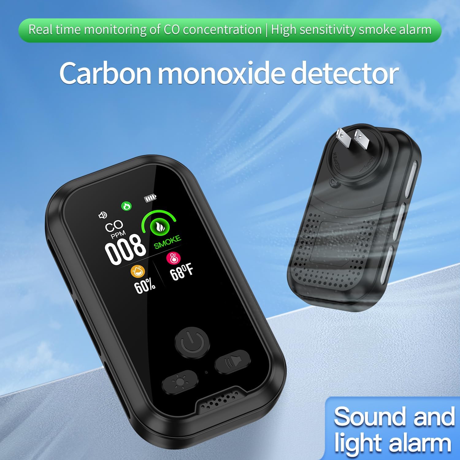 4IN1 Plug in Smoke & Carbon Monoxide Detector Combination Builti-in 2000 mAh Backup Battery HD Screen [Smoke CO Temp Humidity Sensor] Alarm for Home Travel Hotel Indoor (Black)