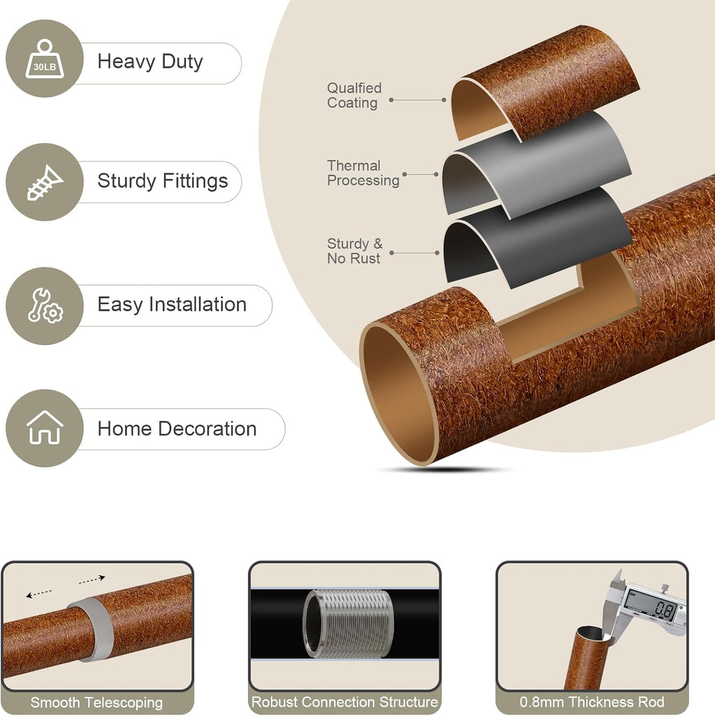 2 Pack Dark Brown Wood Curtain Rods for Windows 28 to 48 Inch, 1'' Adjustable Heavy Duty Curtain Rod，Vintage Imitation Wood Decorative Drapery Rods with Pumpkin Finials for Bedroom Living Room