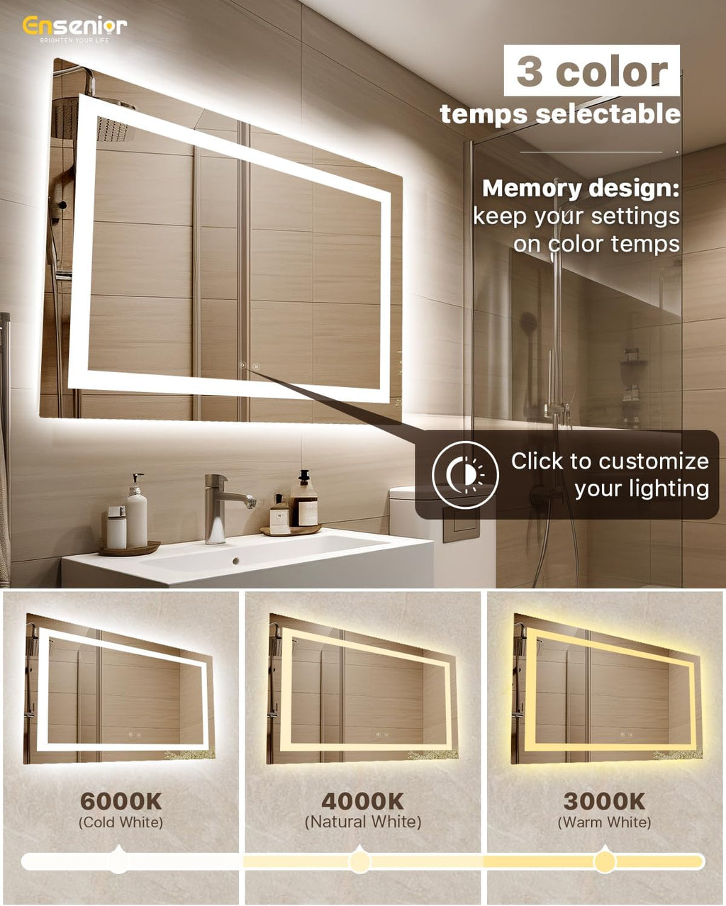 Ensenior LED Bathroom Mirror 60"x 40" with Front and Backlight, Stepless Dimmable Wall Mirrors with Anti-Fog, Shatter-Proof, Memory, 3 Colors, Modern LED Vanity Mirror- FCC