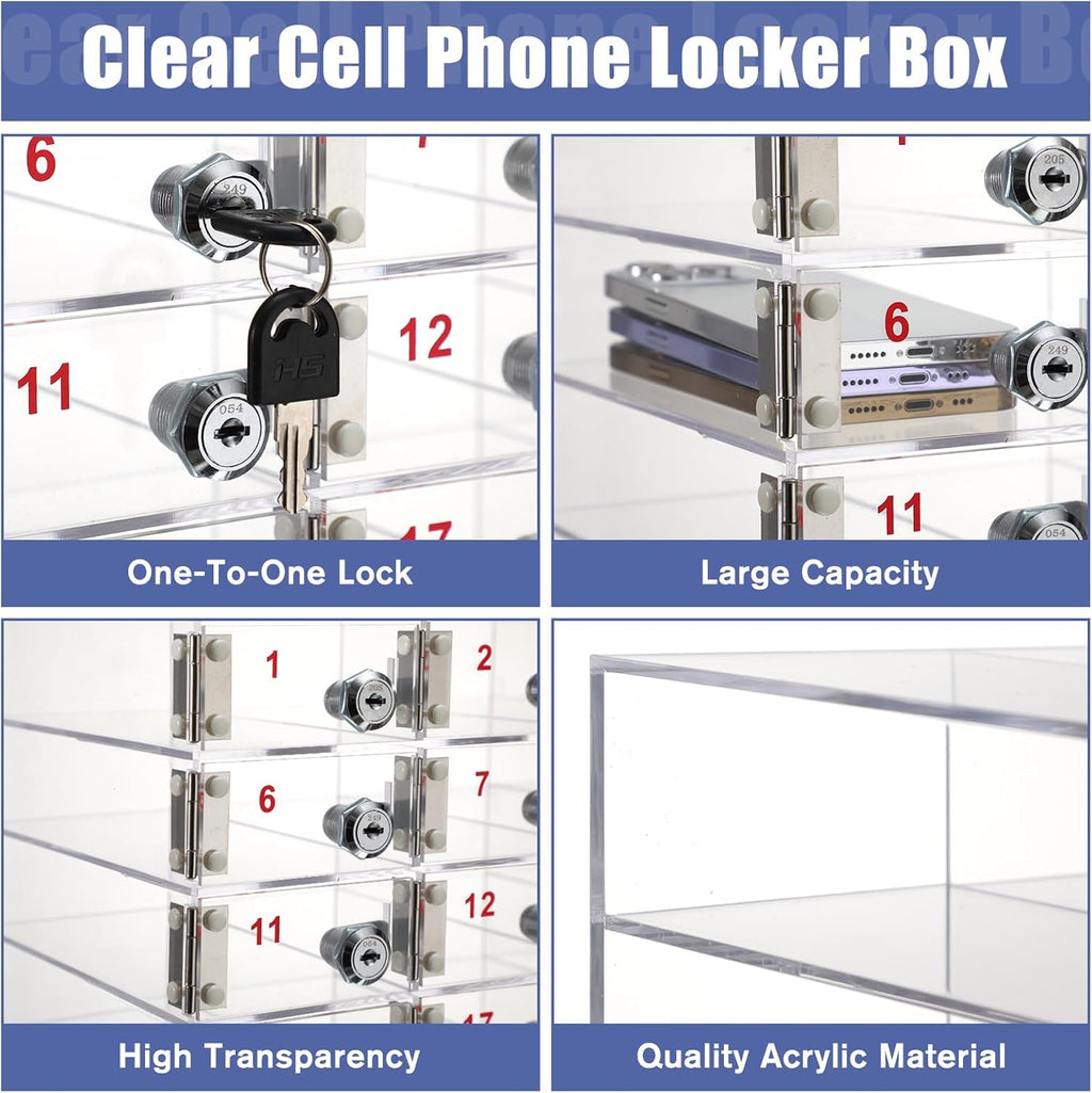 Layhit 20 Slots Cell Phone Locker Box for Classroom Clear Acrylic Cell Phone Storage Cabinet Bin with Door Locks for Classroom School Students Office Factory Employees